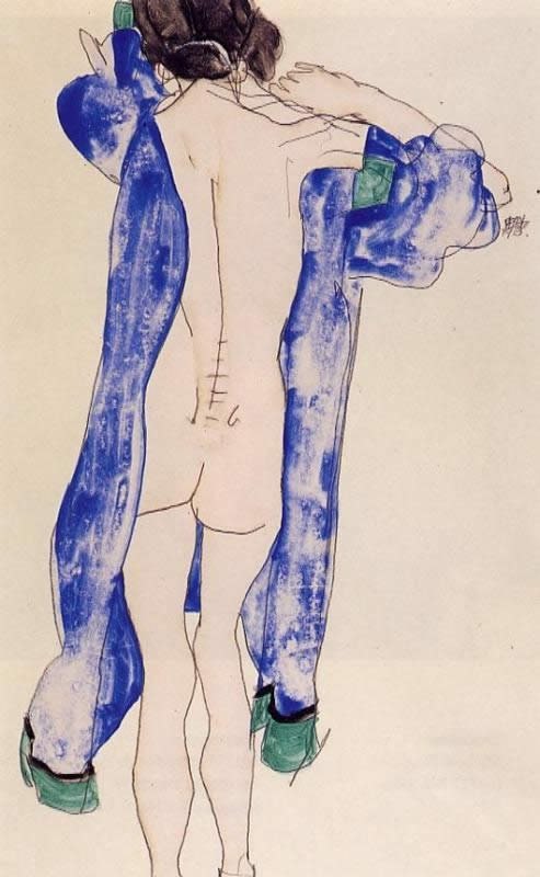Egon Schiele Standing Female Nude in a Blue Robe